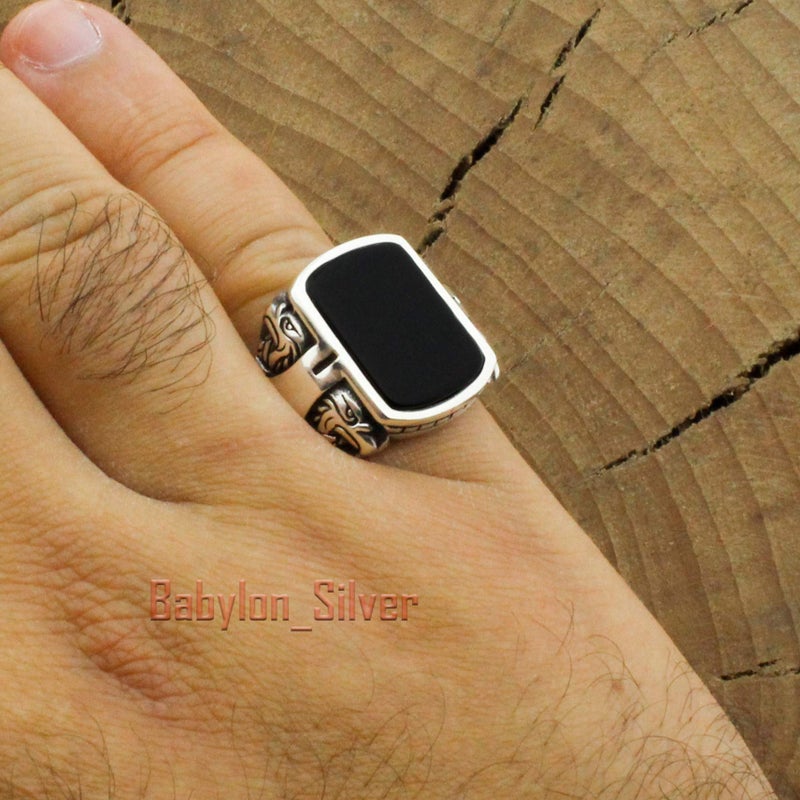 Babylon Silver Solid 925 Sterling Silver Onyx Stone Turkish Handmade Eagle Design Luxury Heavy Men's Ring (12) - Image 3